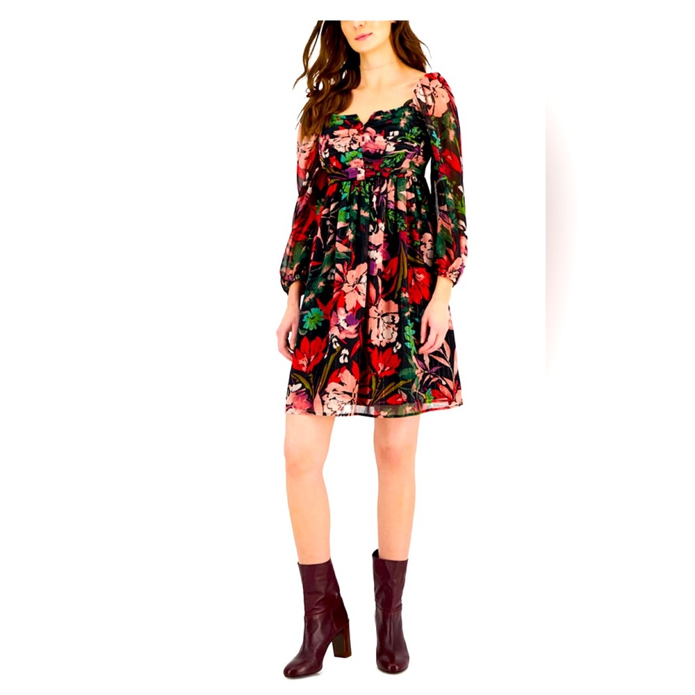 Women's Floral-Print Chiffon Empire-Waist Dress SIZE 16